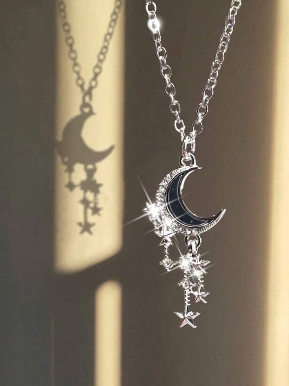 Silver Crescent Moon and Stars Pendant Necklace - Women Jewelry